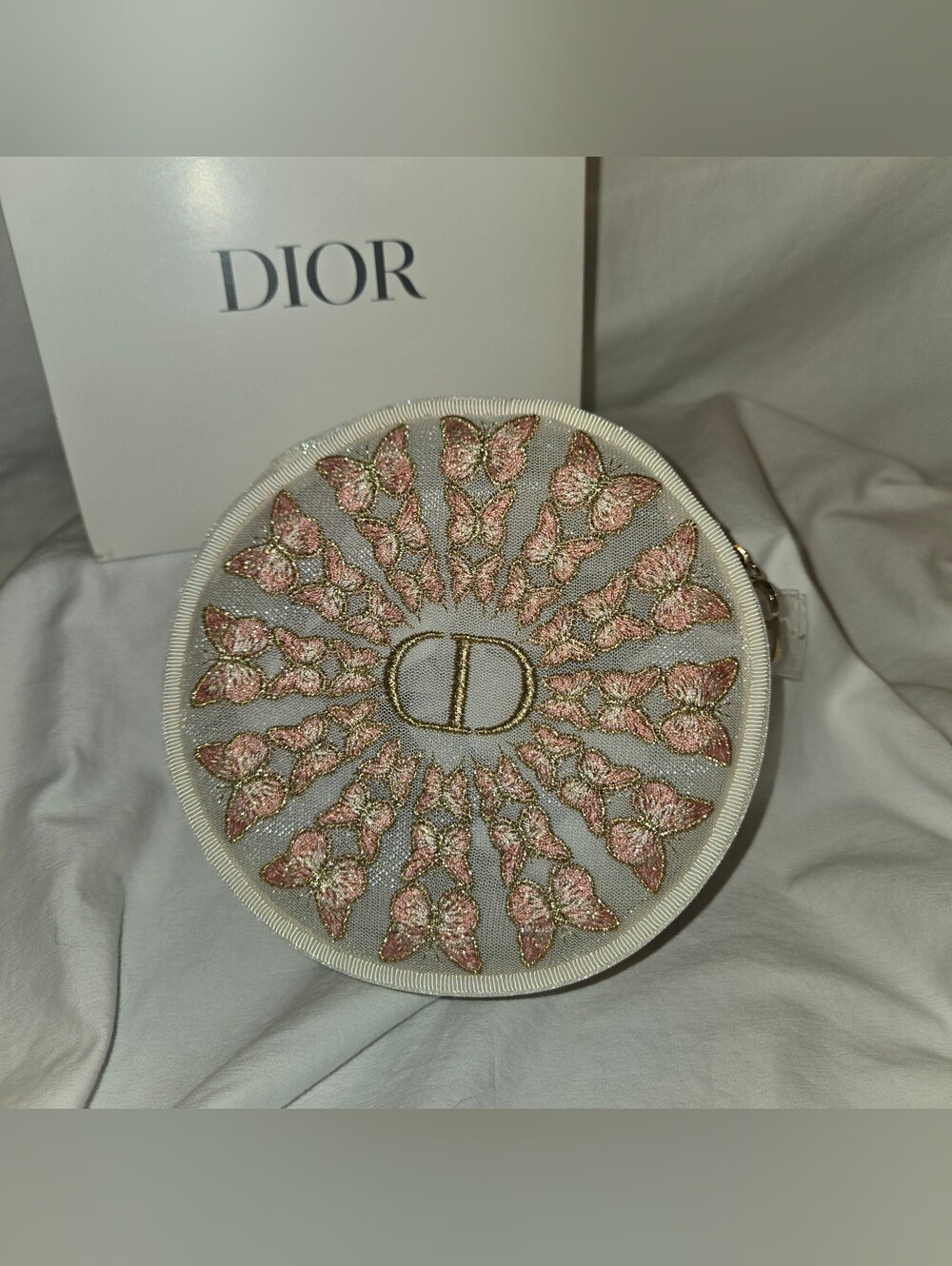 Dior Pink & Gold Embroidered Round Cosmetic Case